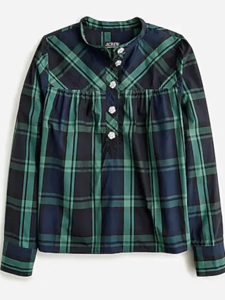 J. Crew Fresco Top With Jewel Buttons In Black Watch Tartan Plaid